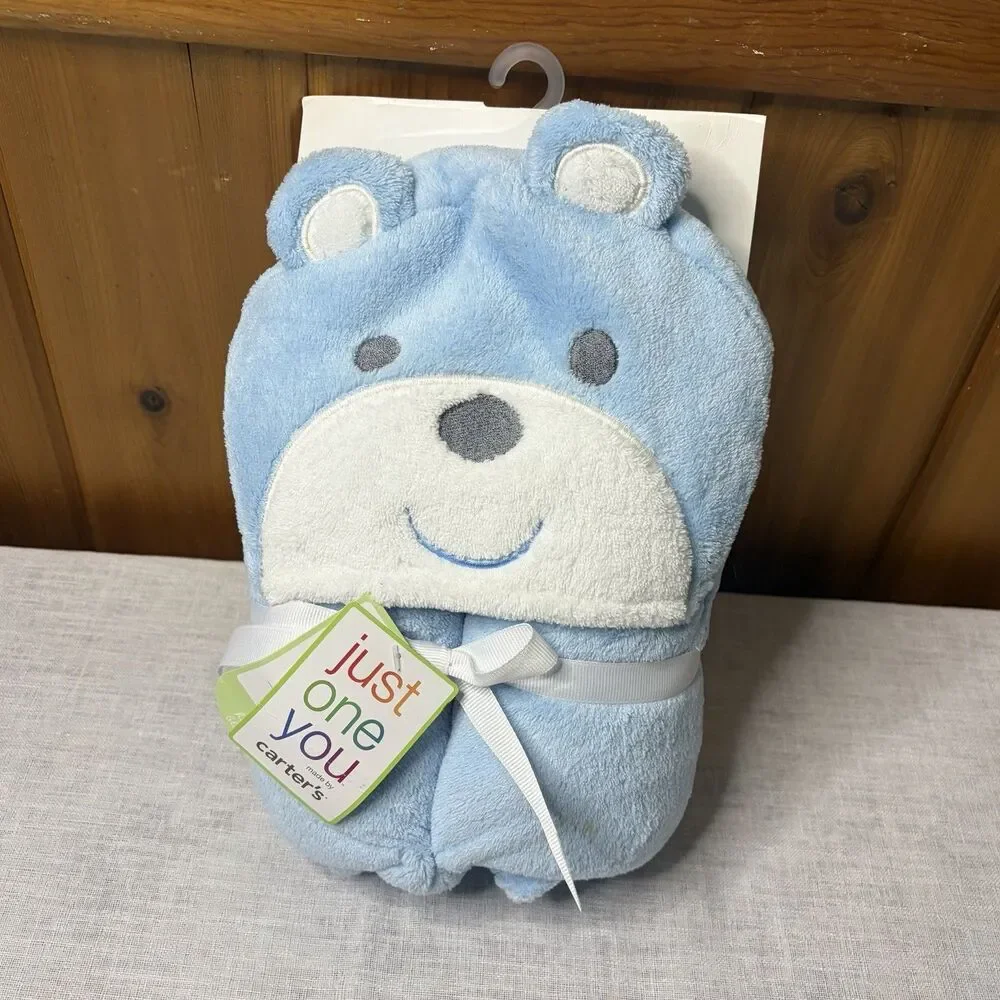 Carters Hooded Blanket 36”x36” Blue Bear Baby Boy Nursery Infant Shower Gift NWT